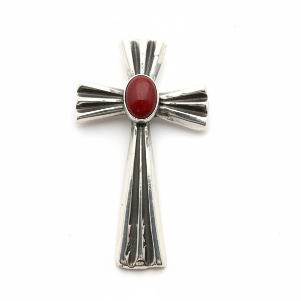 Red Coral Cross Pendant in Sterling Silver, Leonard Kee - Turquoise Mustang