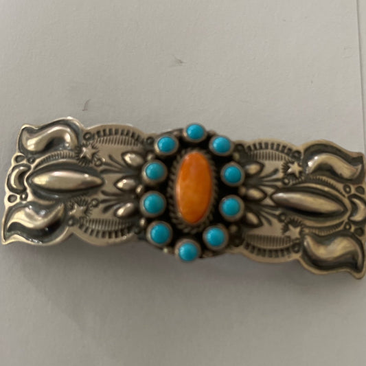 Barrette, repousee with turquoise and spiny oyster cluster, D - Turquoise Mustang