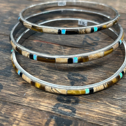 Black Jade and Lab Opal Mosaic Inlay Bangle by GL Studio, Navajo - Turquoise Mustang