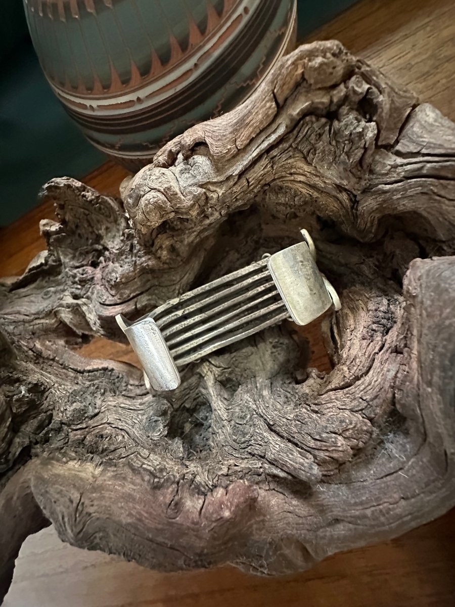 Heavy Stamped Sterling Silver Tufa Cast Cuff with Large Freeform Broken Arrow Cabachon, by Navajo Silversmith Kris Willie - Turquoise Mustang
