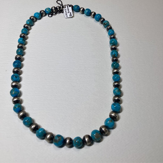 20", 1 strand, 8mm Navajo Pearls with 8 - 9mm KIngman semi - rounds, TM (1) - Turquoise Mustang