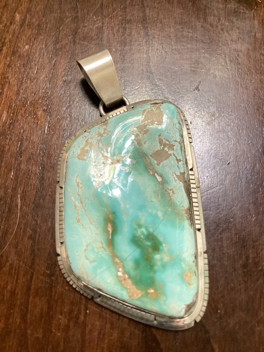 Pendant, Large Royston Freeform, cut work double Bezel, Scotty Skeets - Turquoise Mustang