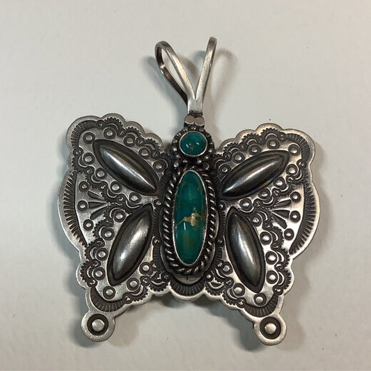 Pendant, Repousse Butterfly with Oval Royston Cab, HS hallmark - Turquoise Mustang