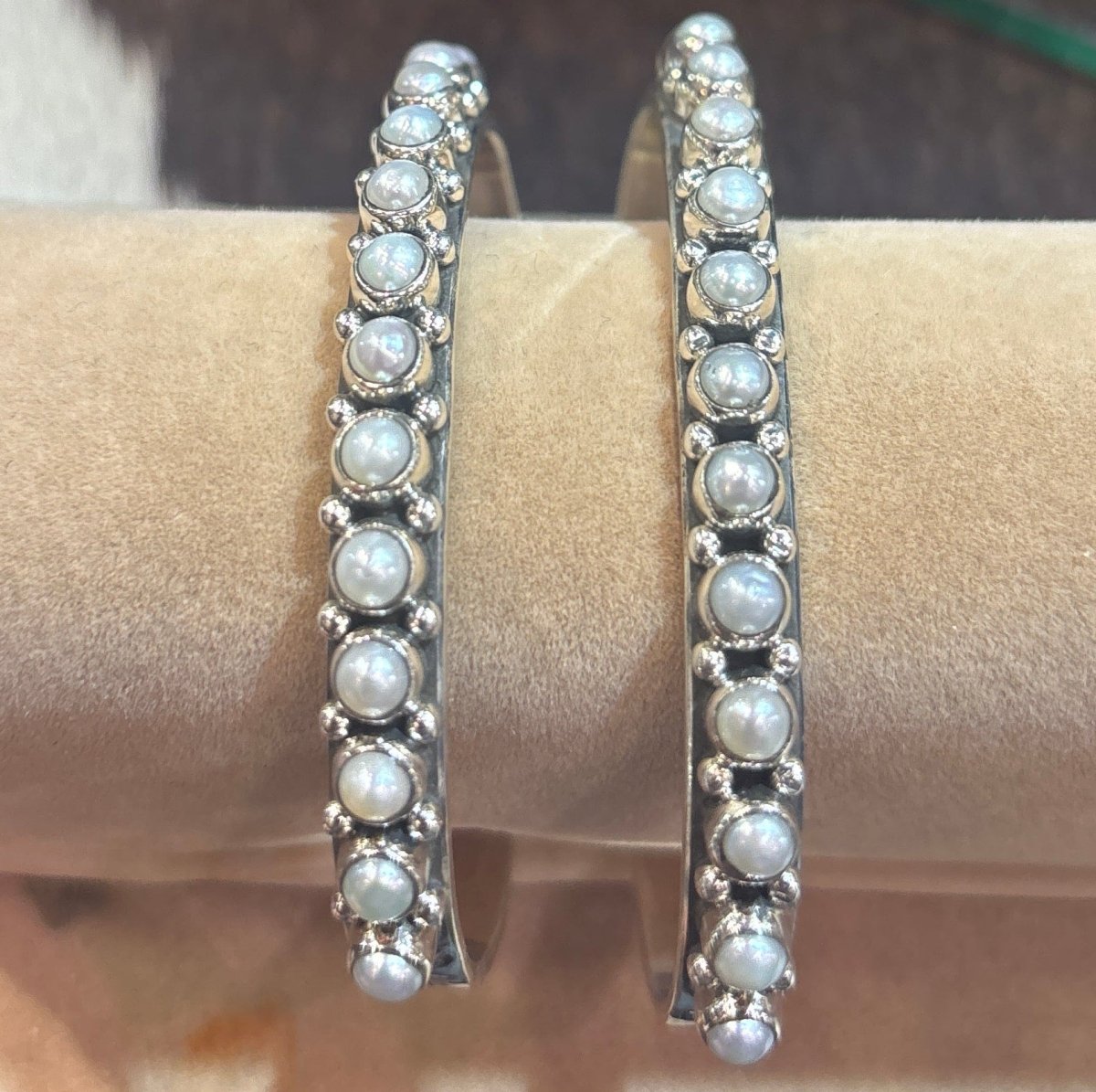 Silver Freshwater Pearl Cuff, Round Pearls - Turquoise Mustang