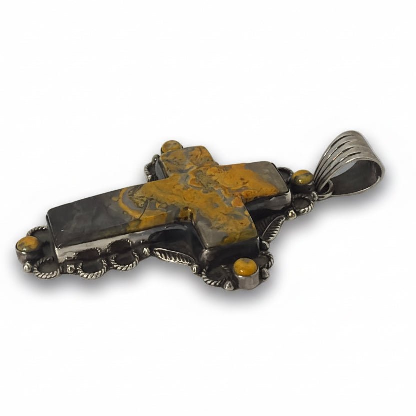 The Primrose Cross Pendant in Bumblebee Jasper - Turquoise Mustang