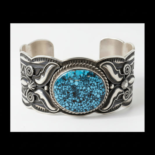 Heavy Repoussé & Overlay Cuff Bracelet with Oval Black Spiderweb Kingman, Andy Cadman - Turquoise Mustang