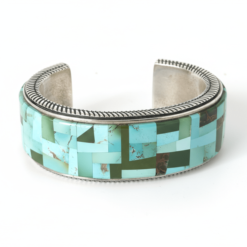 Multi-Mine Turquoise Mosaic Inlay Cuff by R. Bennett, Navajo - Turquoise Mustang