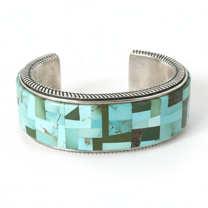 Multi-Mine Turquoise Mosaic Inlay Cuff by R. Bennett, Navajo - Turquoise Mustang