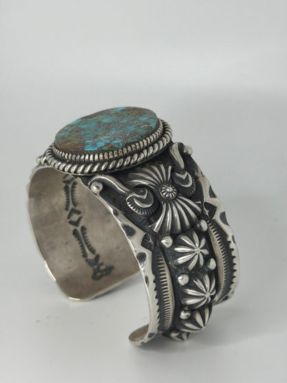 Heavy Stampwork & Overlay, Large Oval Royston Turquoise Cuff Bracelet, Darryl Gordon - Turquoise Mustang