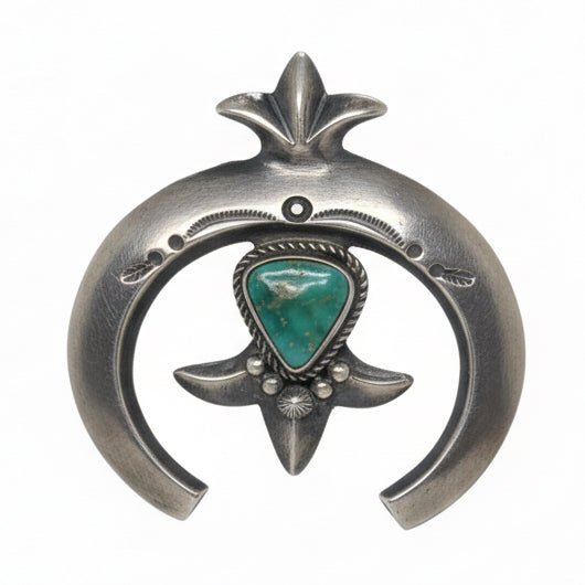 Cast Sterling Silver and Turquoise Sculptural Naja Pendant with Hook, Harrison Bitsue - Turquoise Mustang