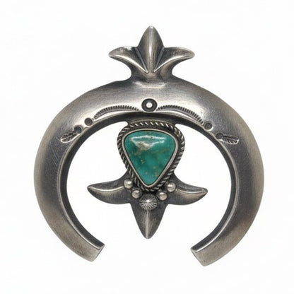 Cast Sterling Silver and Turquoise Sculptural Naja Pendant with Hook, Harrison Bitsue - Turquoise Mustang
