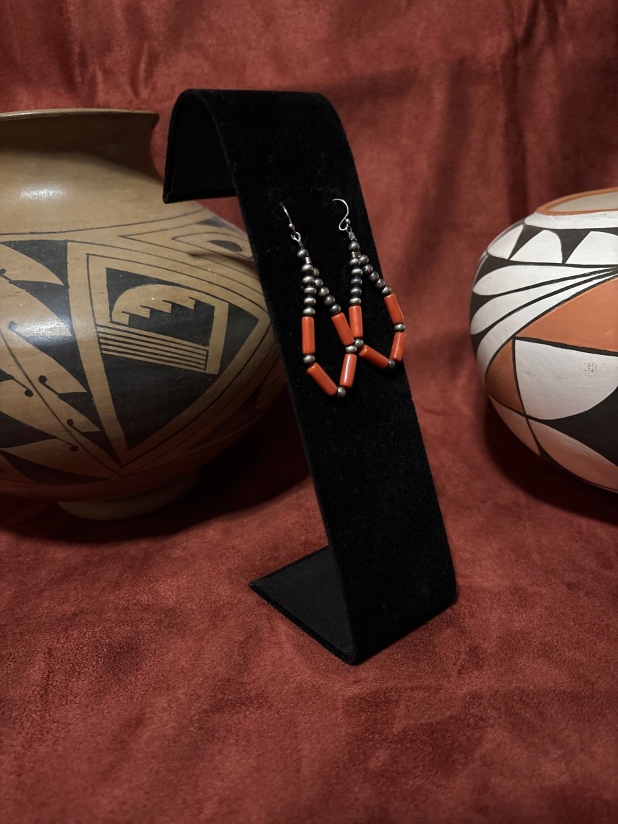 Earrings, 4mm Navajo Pearls with Mediterranean Coral tubes, Turquoise Mustang - Turquoise Mustang