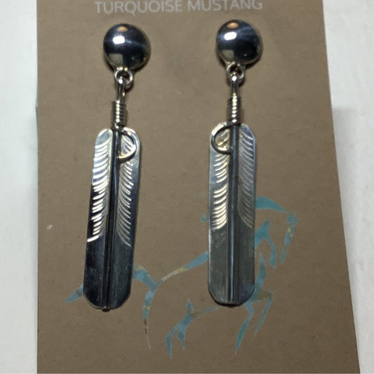 Earring, all silver, round posts, feathers - Turquoise Mustang