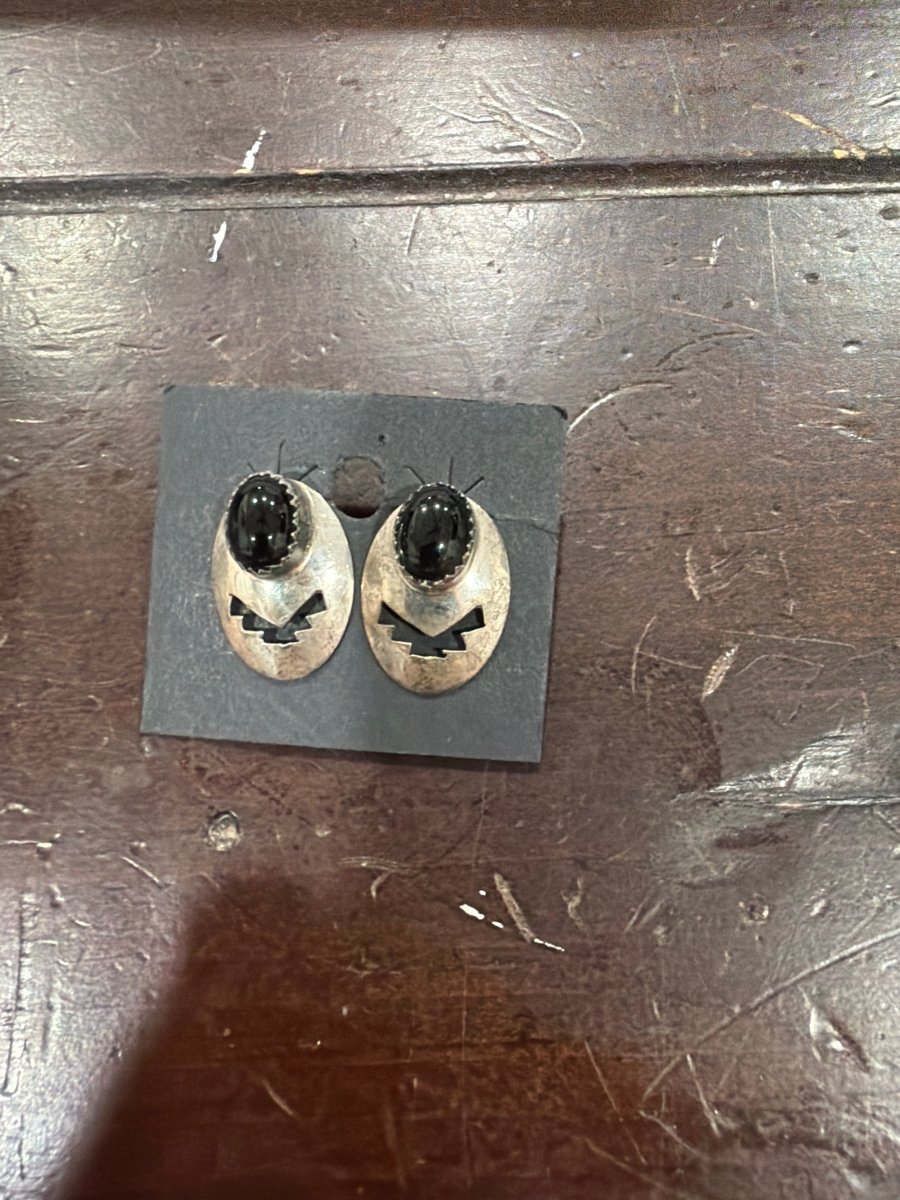 Black Onyx and Silver Thunderbird Oval Studs - Turquoise Mustang