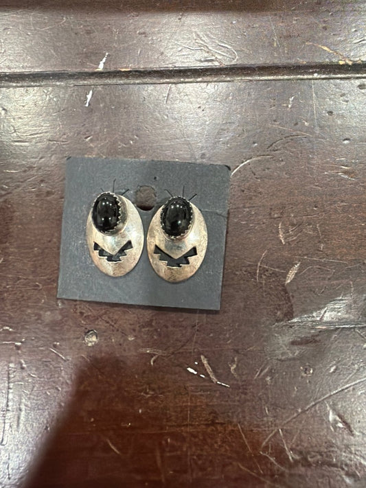 Black Onyx and Silver Thunderbird Oval Studs - Turquoise Mustang