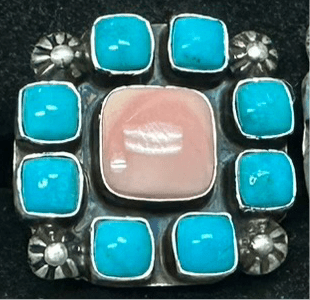 Hogan Pink Conch and Kingman Turquoise Cluster Ring, Kathleej Livingston - Turquoise Mustang