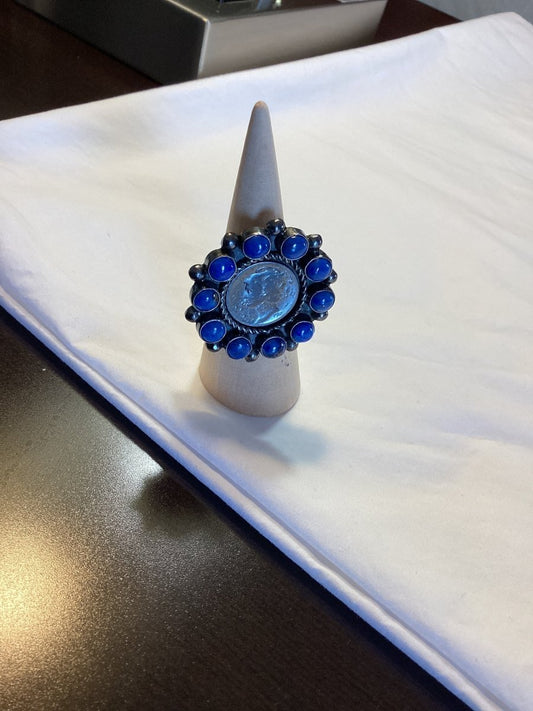 Ring, Mercury Dime with Lapis rounds bezel, Peter Morgan - Turquoise Mustang