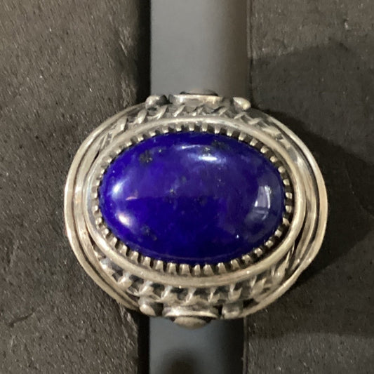 Ring, Lapis Oval, Sawtooth Bezel with nice Filework, Derrick Gordon - Turquoise Mustang