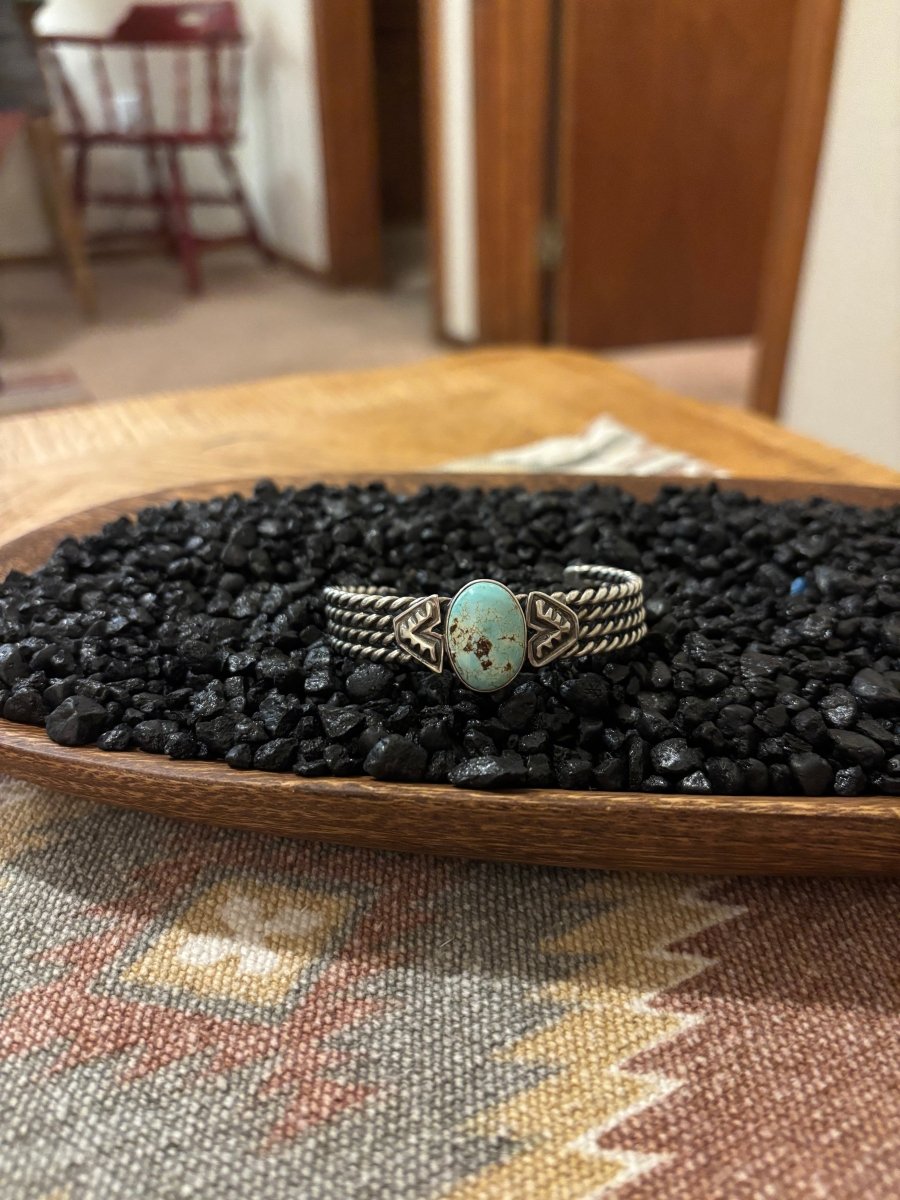 Bracelet, 1 Stone On 4 Strand Twisted Wire, Dry Creek, by Chris Yazzie - Turquoise Mustang