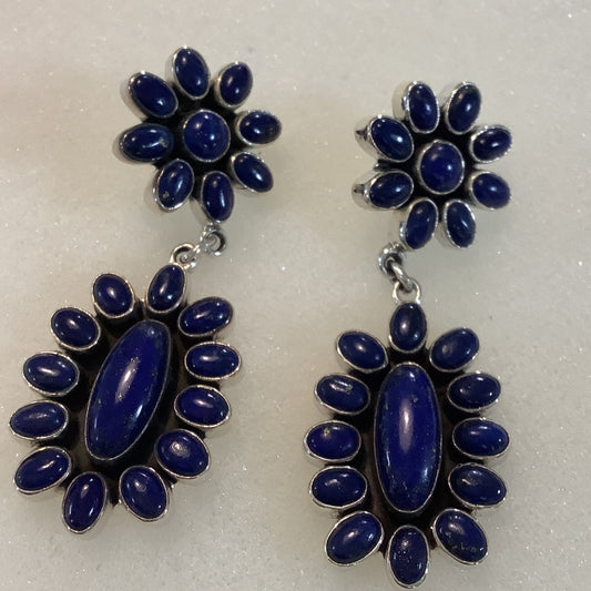 Earrings, Lapis Lapis,Oval Cluster drop on DAisy Cluster Stud, DD - Turquoise Mustang