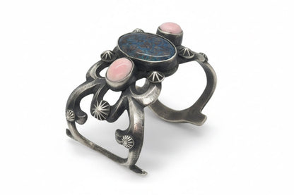 Tufa Cast Sterling Cuff with Deep Blue Turquoise and Pink Queen Conch, by Chimney Butte - Turquoise Mustang
