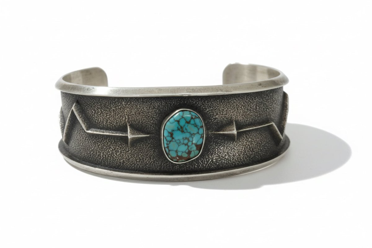 Stunning Tufa Cast Cuff with 8 Turquoise and Crooked Arrow motif by Arizona Anderson - Turquoise Mustang