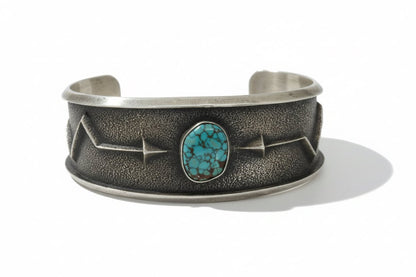Stunning Tufa Cast Cuff with 8 Turquoise and Crooked Arrow motif by Arizona Anderson - Turquoise Mustang