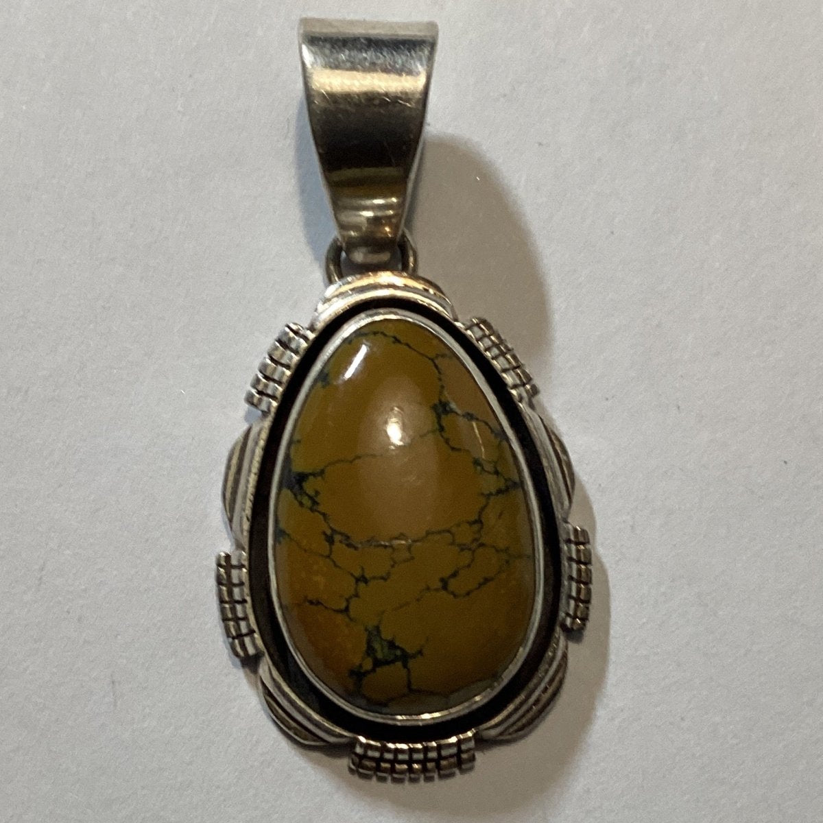 Pendant, Teardrop Tibetan Mustard Turquoise, Cutwork Bezel, Darryl Becenti (1) - Turquoise Mustang