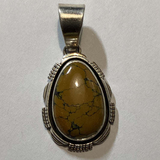 Pendant, Teardrop Tibetan Mustard Turquoise, Cutwork Bezel, Darryl Becenti (1) - Turquoise Mustang