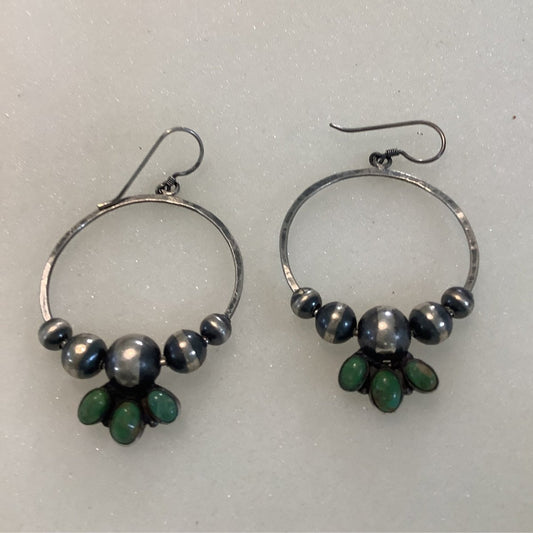 Hammered Nvajo Pearl Hoops with Turquoise Petal Accent - Turquoise Mustang