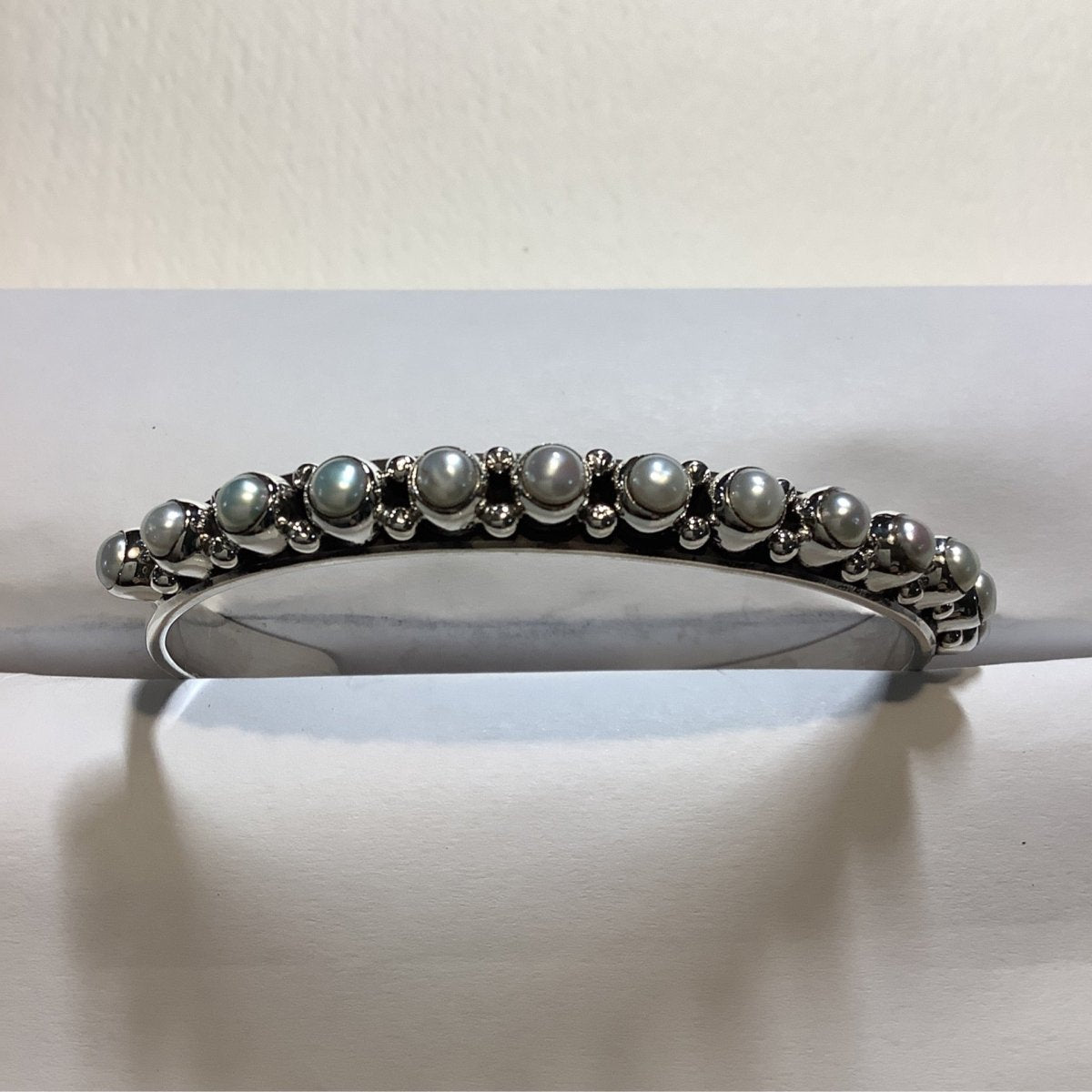 Silver Freshwater Pearl Cuff Bracelet, Round Pearls - Turquoise Mustang
