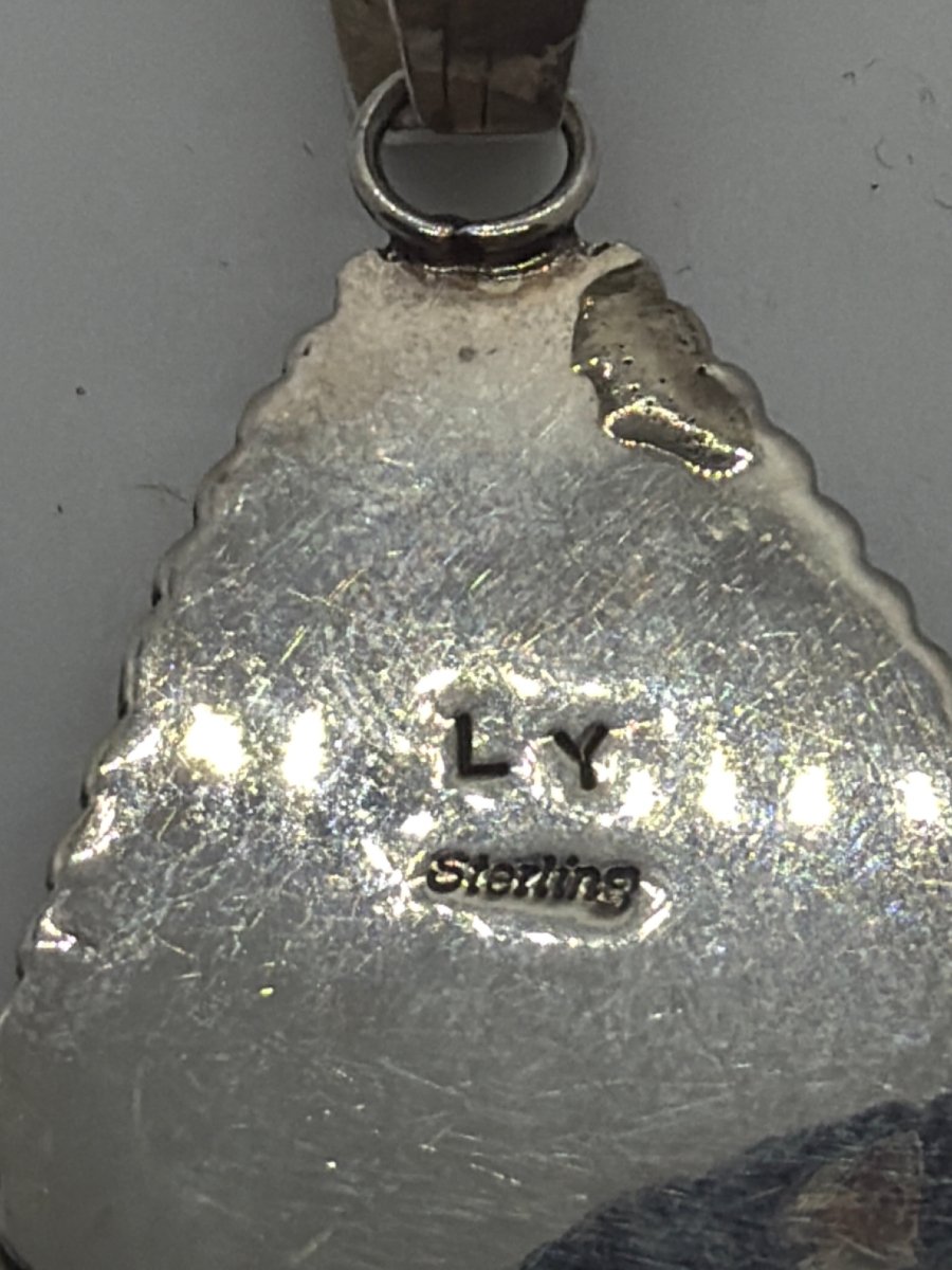 Medium Turquoise Triangle Pendant with Raindrop Bezel, Lynn Yazzie - Turquoise Mustang