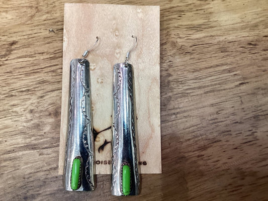 Skinny Green Earring, All Silver, stamped narrow Mojave - Turquoise Mustang