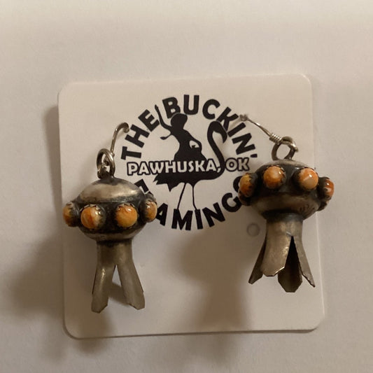 Earring, small globe style squash blossom with orange Spiny equator, unknown - Turquoise Mustang