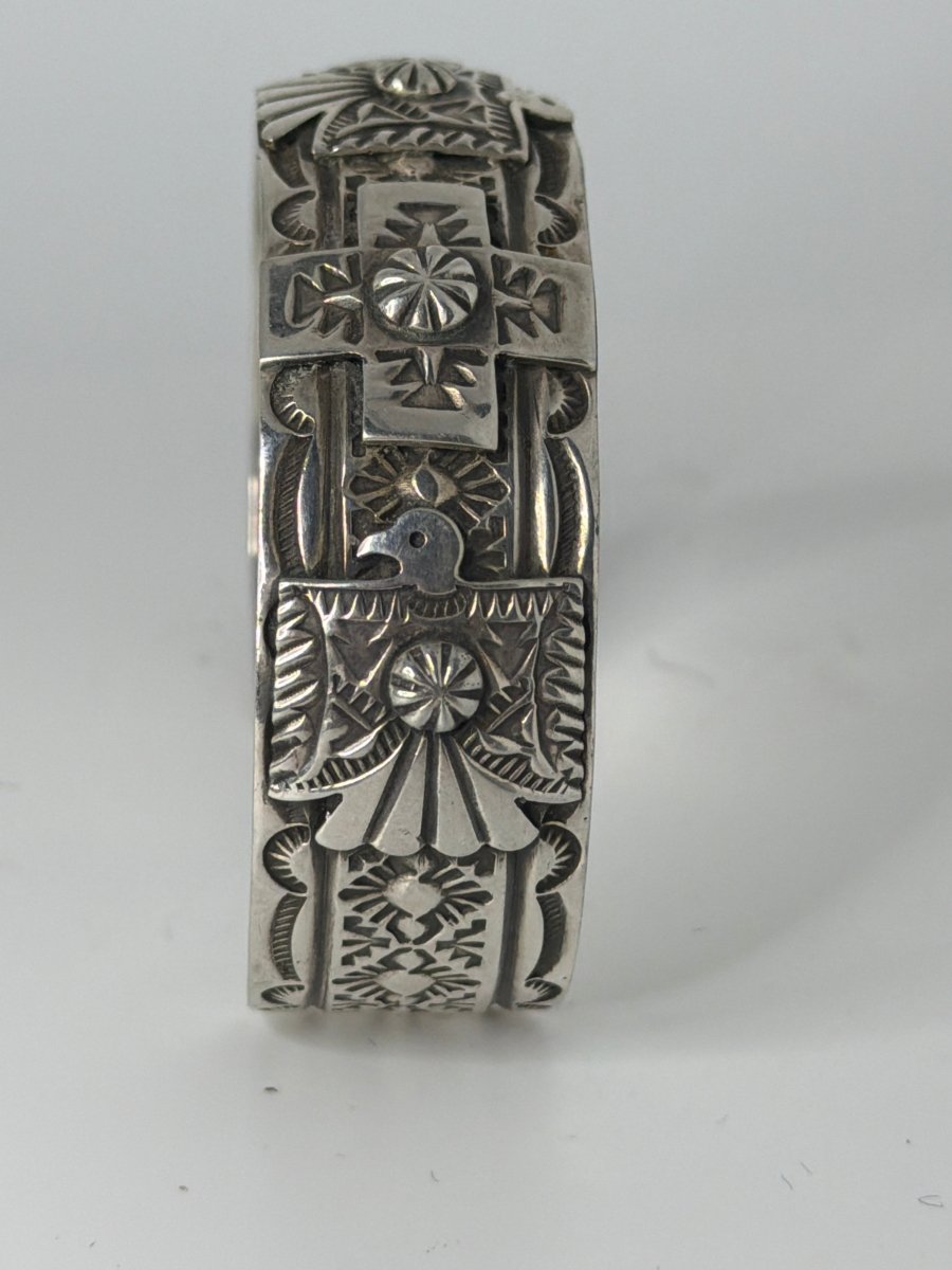 Bracelet, all silver, Thunderbird/Crosses overlay, Darrell Cadman - Turquoise Mustang