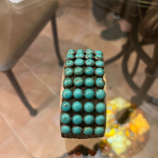 4 - Row Cuff with 6mm Turquoise Cabochons by Navajo Artist Leroy James - Turquoise Mustang