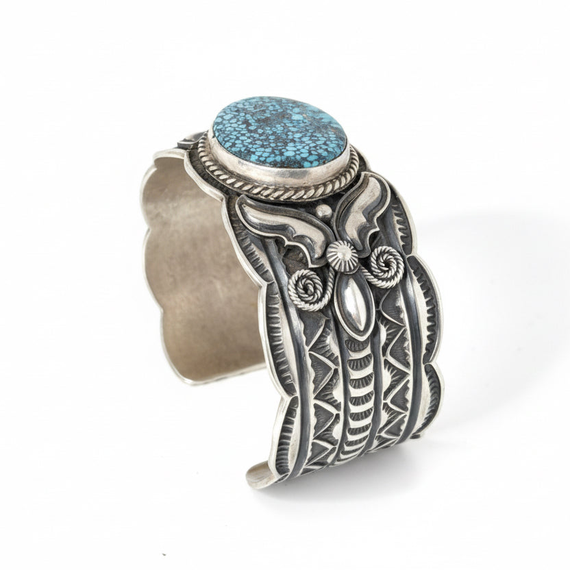 Heavy Repoussé & Overlay Cuff Bracelet with Oval Black Spiderweb Kingman, Andy Cadman - Turquoise Mustang
