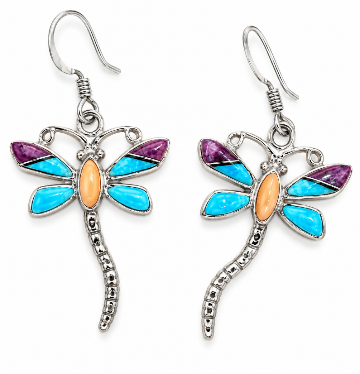 Dragonfly Sterling Silver Dangle Earrings with Turquoise, Spiny Oyster, Lab Opal & Jet Inlay - Turquoise Mustang