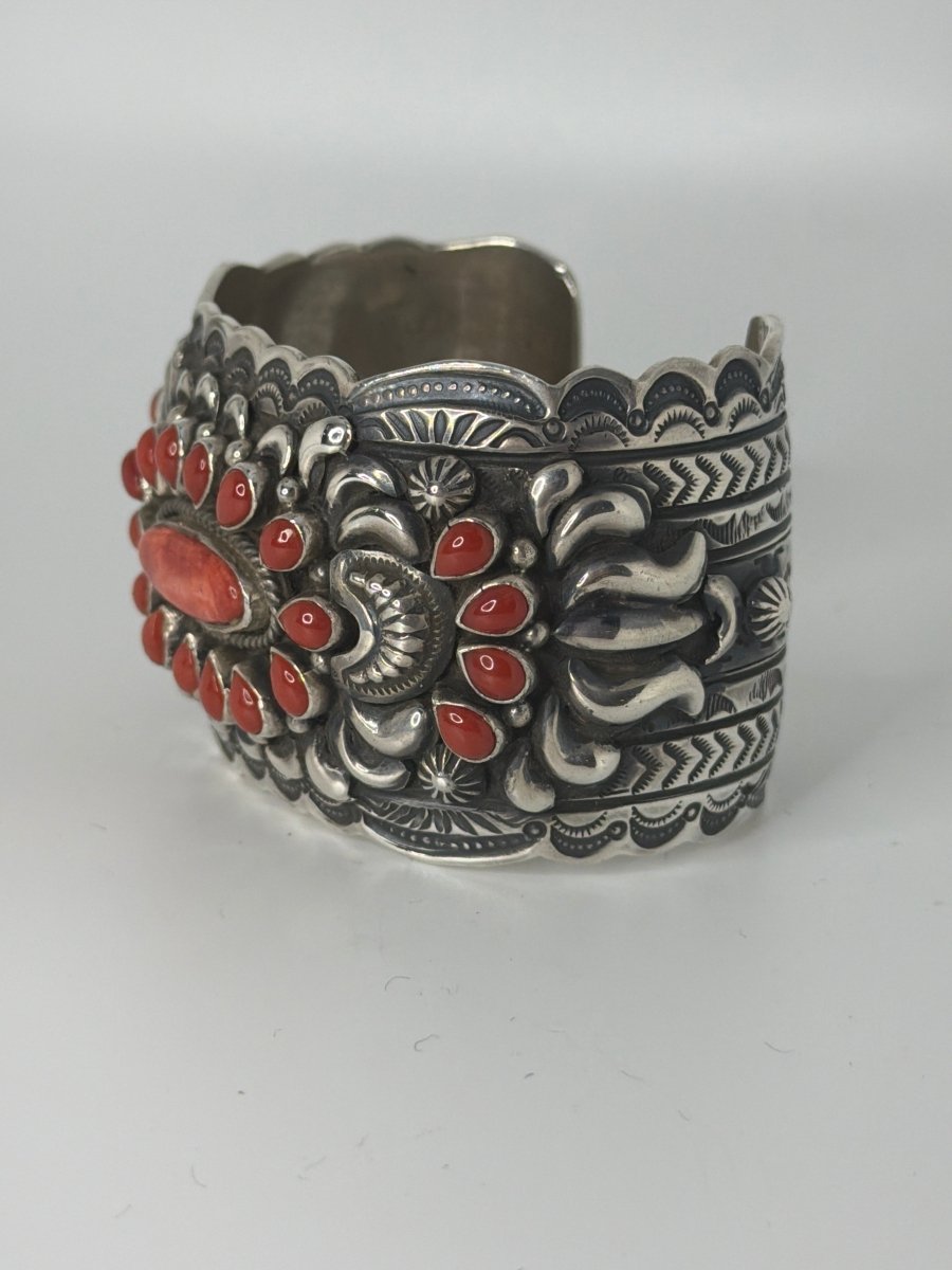 Wide Cuff with Red Coral and Spiny Oyster, Darryl Becenti - Turquoise Mustang