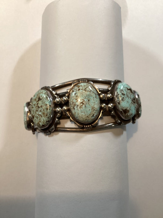 Bracelet, 5 stone, Dry Creek, by Derrick Gordon - Turquoise Mustang