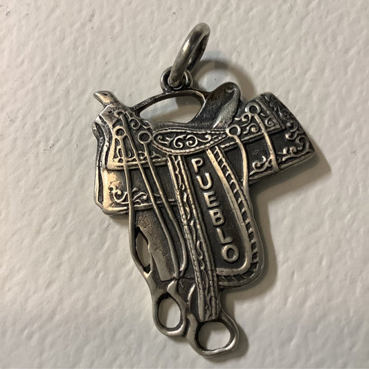 Pendant, Charm, All Silver Pueblo Saddle tag, DD - Turquoise Mustang