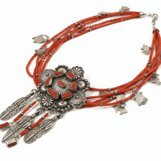 Lester James 20" 5 - strand, Mediterranean Coral tubes Necklace with Repoussee Enhancer - Turquoise Mustang