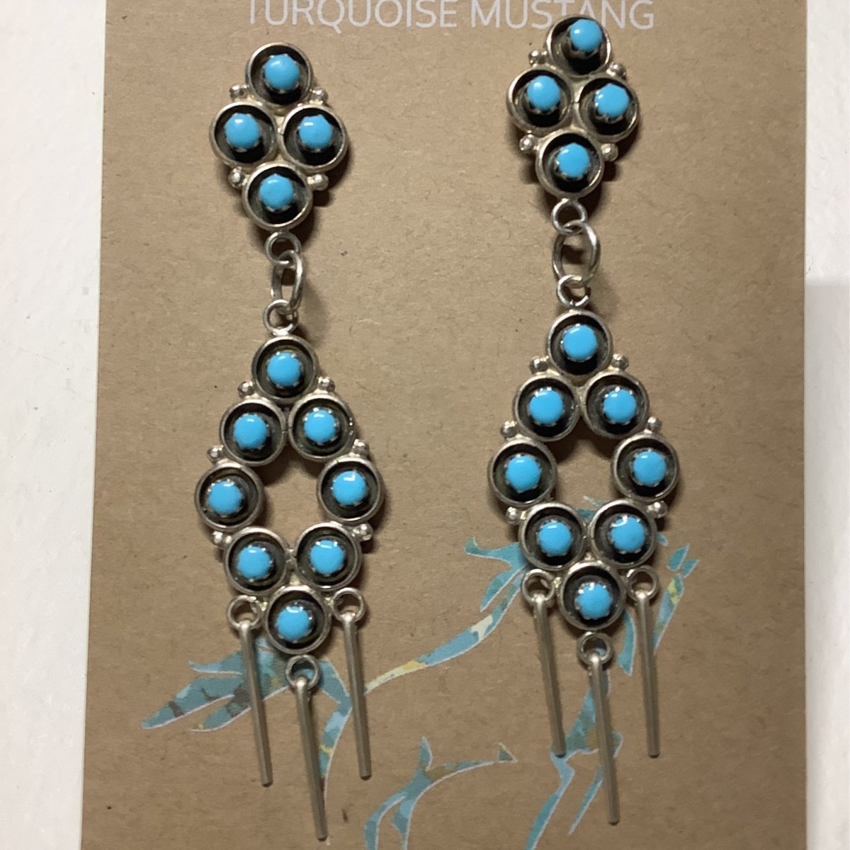 Earring, SB tq. peitie point posts with damont PP dangles, - Turquoise Mustang