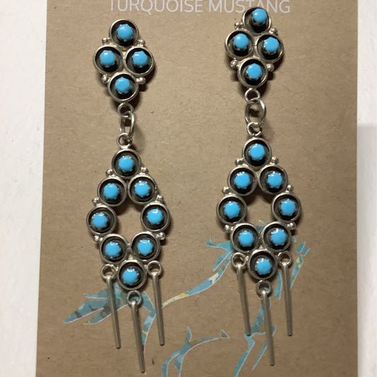 Earring, SB tq. peitie point posts with damont PP dangles, - Turquoise Mustang