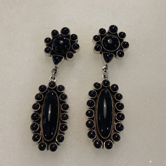 Earrings, Onyx Onyx,Oval Cluster drop on Round Cluster Stud, DD - Turquoise Mustang