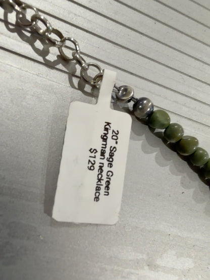 20" Sage Green Kingman Turquoise & Sterling Silver Bead Necklace - Turquoise Mustang