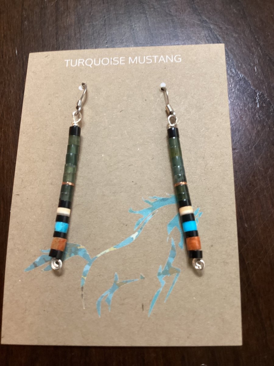 Earrings, Stick style, Pin Shell, Apple Coral, Heishi, Mary Calabaza - Turquoise Mustang