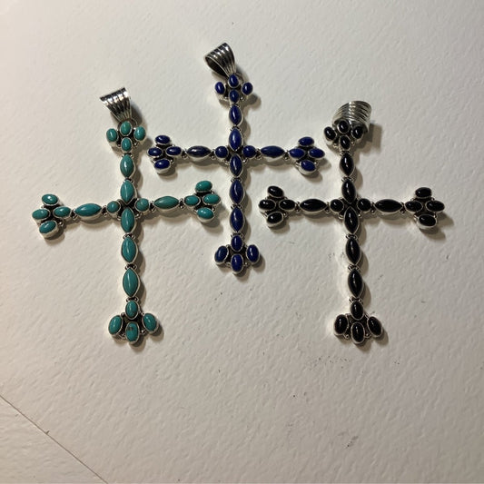 Pendant, Cross, Tall Turquoise Cluster, 25 oval stones, DD - Turquoise Mustang