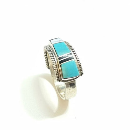Zuni Multi - Color Inlay Sterling Silver Stacker Ring, Size 13 Deidre Luna - Turquoise Mustang