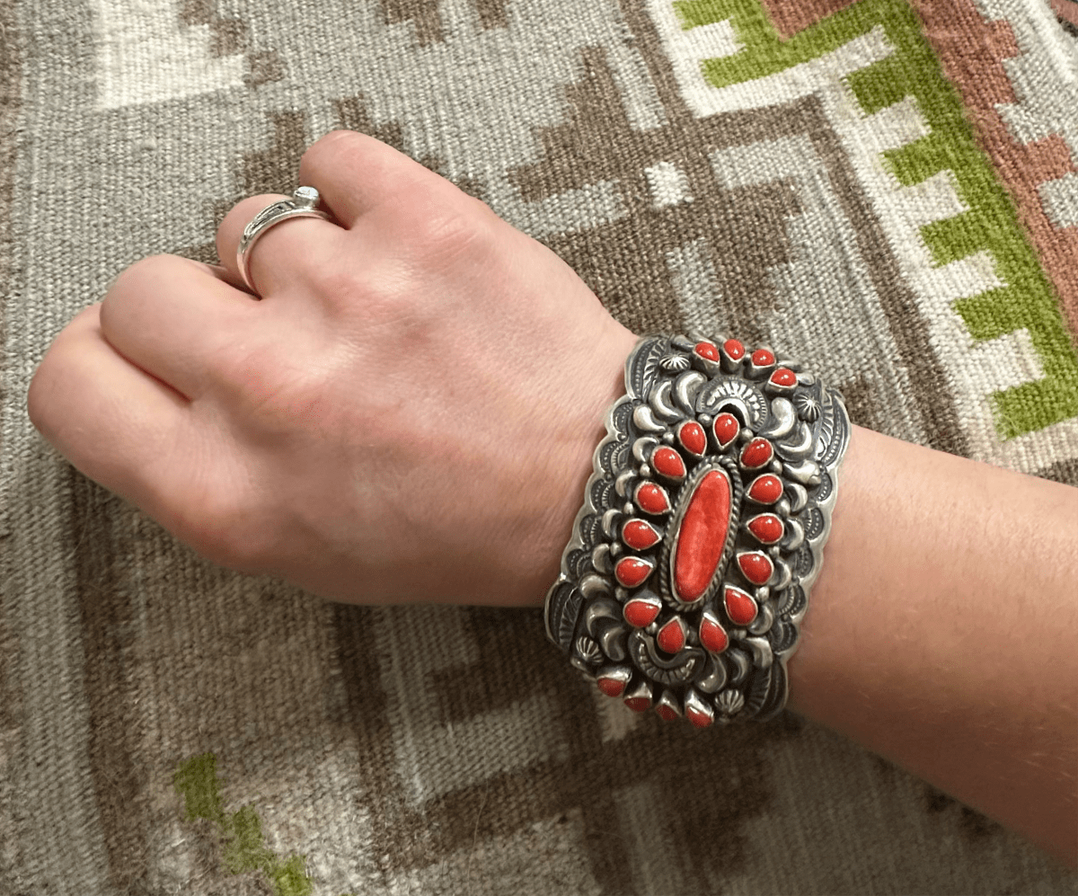 Wide Cuff with Red Coral and Spiny Oyster, Darryl Becenti - Turquoise Mustang
